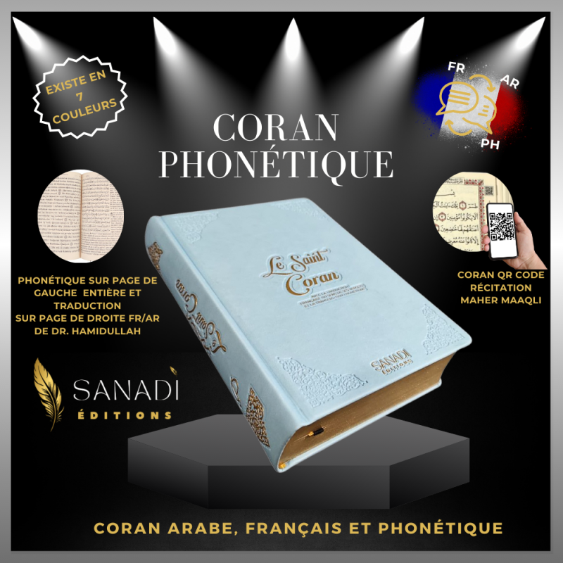 Coran de Luxe Fr/Ar et Phonétique avec QR Code - Bleu Ciel - Tailles : 13,50 x 20 cm - Éditions Sanadi 