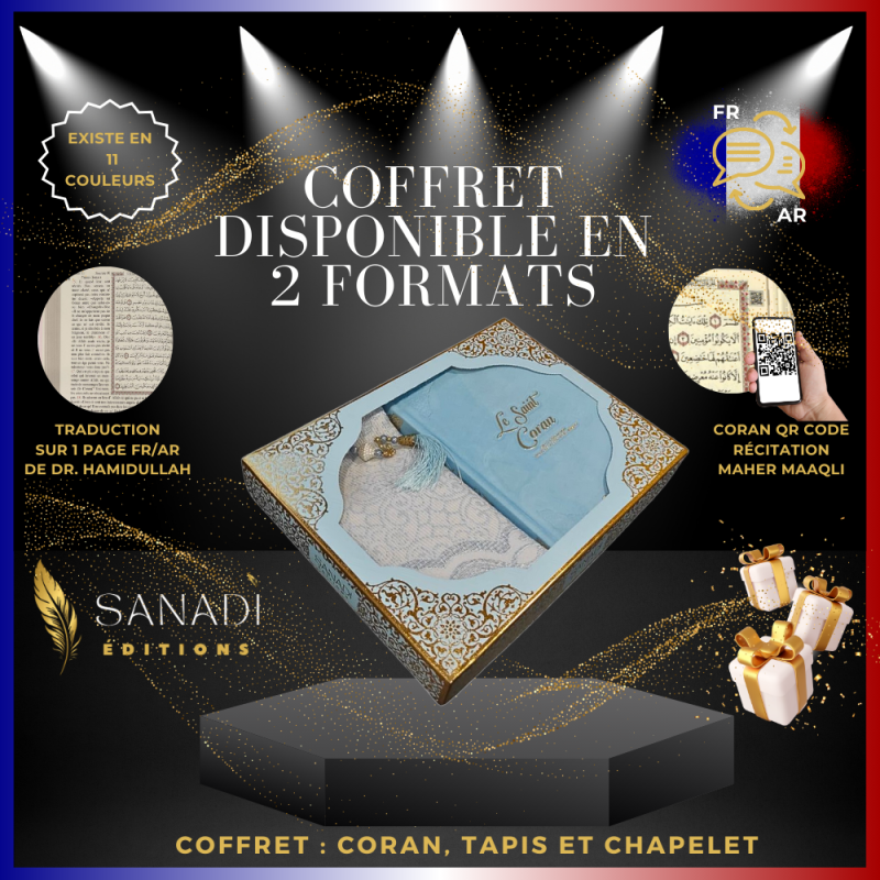Coffret Coran Bilingue de Luxe Fr/Ar : Tapis et Chapelet - Éditions Sanadi - Bleu Ciel en 2 Tailles