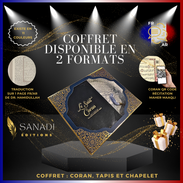 Coffret Coran Bilingue de Luxe Fr/Ar : Tapis et Chapelet - Éditions Sanadi - Bleu Nuit en 2 Tailles