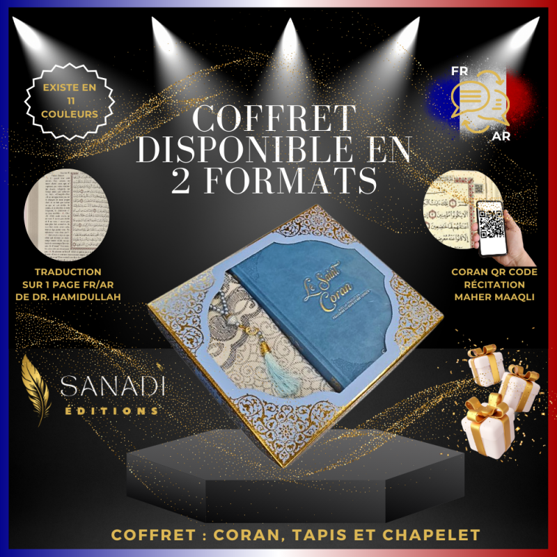 Coffret Coran Bilingue de Luxe Fr/Ar : Tapis et Chapelet - Éditions Sanadi - Bleu Pastel en 2 Tailles