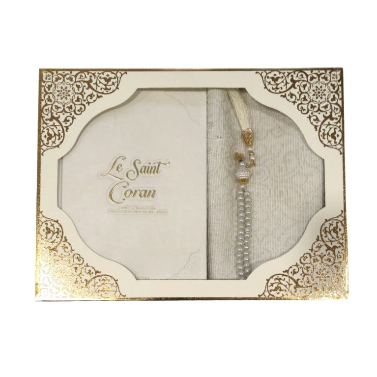 Coffret Coran Bilingue de Luxe Fr/Ar : Tapis et Chapelet - Éditions Sanadi - Blanc en 2 Tailles