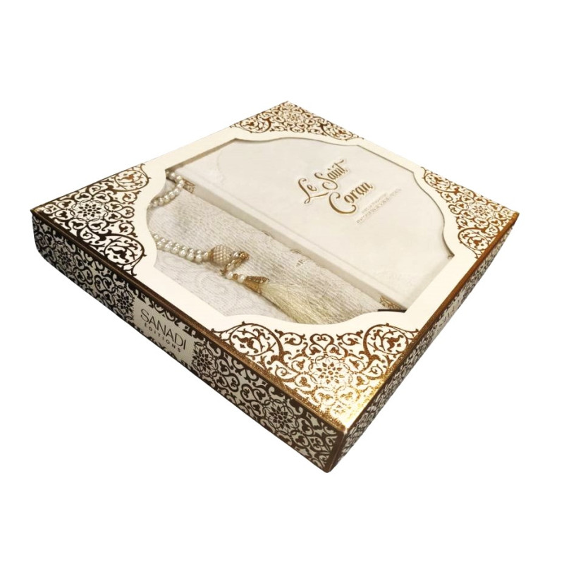 Coffret Coran Bilingue de Luxe Fr/Ar : Tapis et Chapelet - Éditions Sanadi - Blanc en 2 Tailles