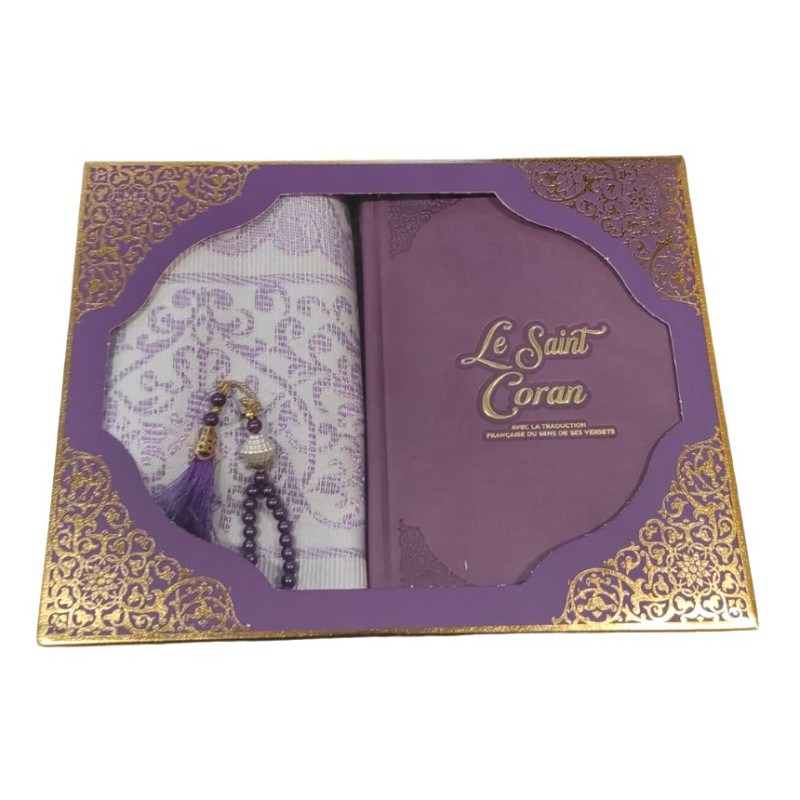 Coffret Coran Bilingue de Luxe Fr/Ar : Tapis et Chapelet - Éditions Sanadi - Violet en 2 Tailles