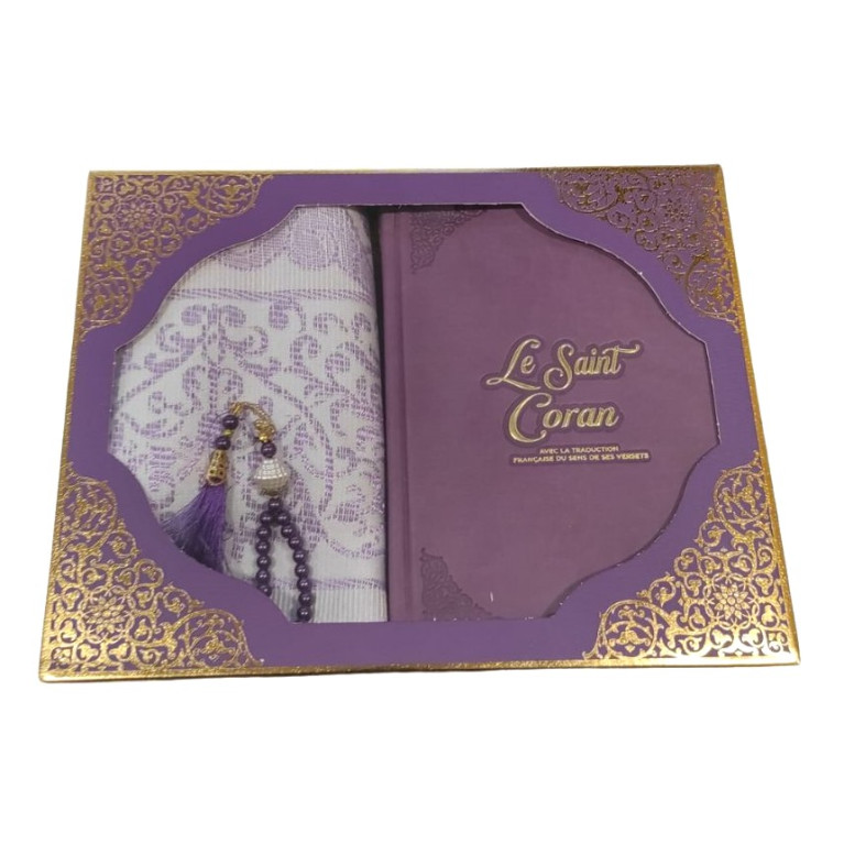 Coffret Coran Bilingue de Luxe Fr/Ar : Tapis et Chapelet - Éditions Sanadi - Violet en 2 Tailles