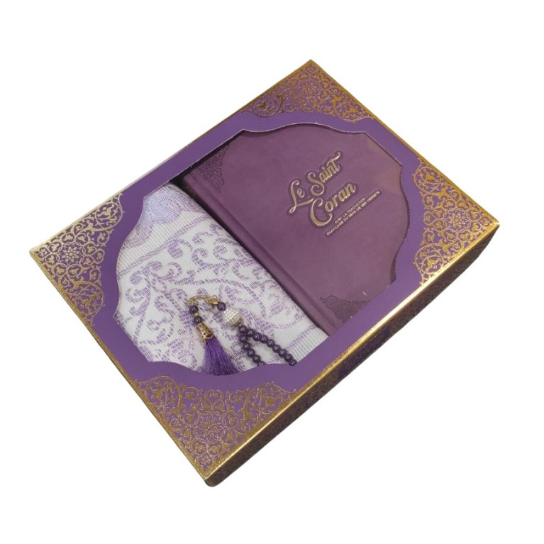 Coffret Coran Bilingue de Luxe Fr/Ar : Tapis et Chapelet - Éditions Sanadi - Violet en 2 Tailles