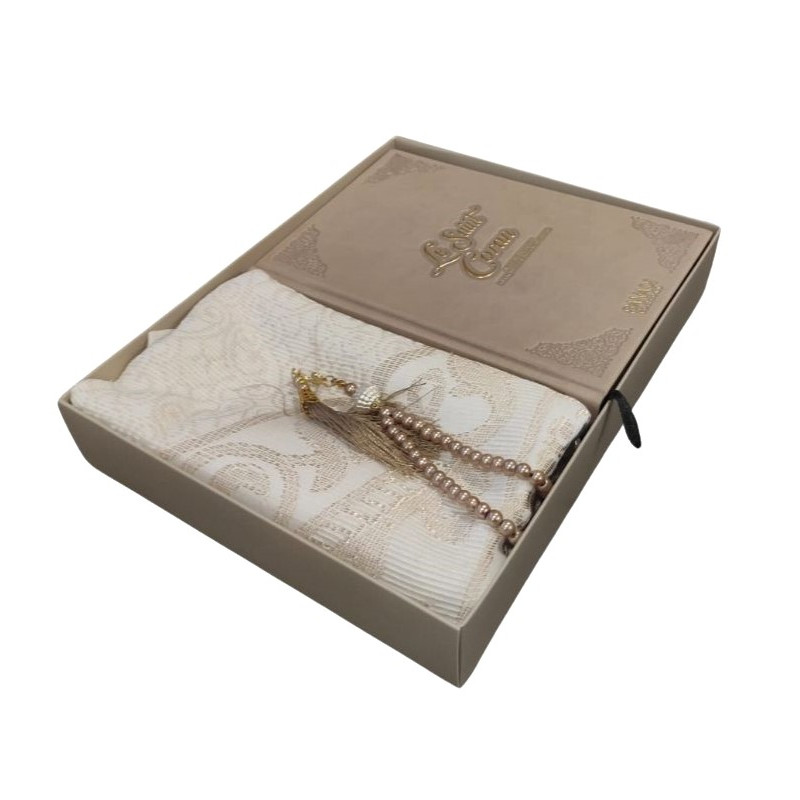 Coffret Coran Bilingue de Luxe Fr/Ar : Tapis et Chapelet - Éditions Sanadi - Taupe en 2 Tailles