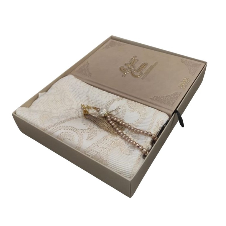 Coffret Coran Bilingue de Luxe Fr/Ar : Tapis et Chapelet - Éditions Sanadi - Taupe en 2 Tailles