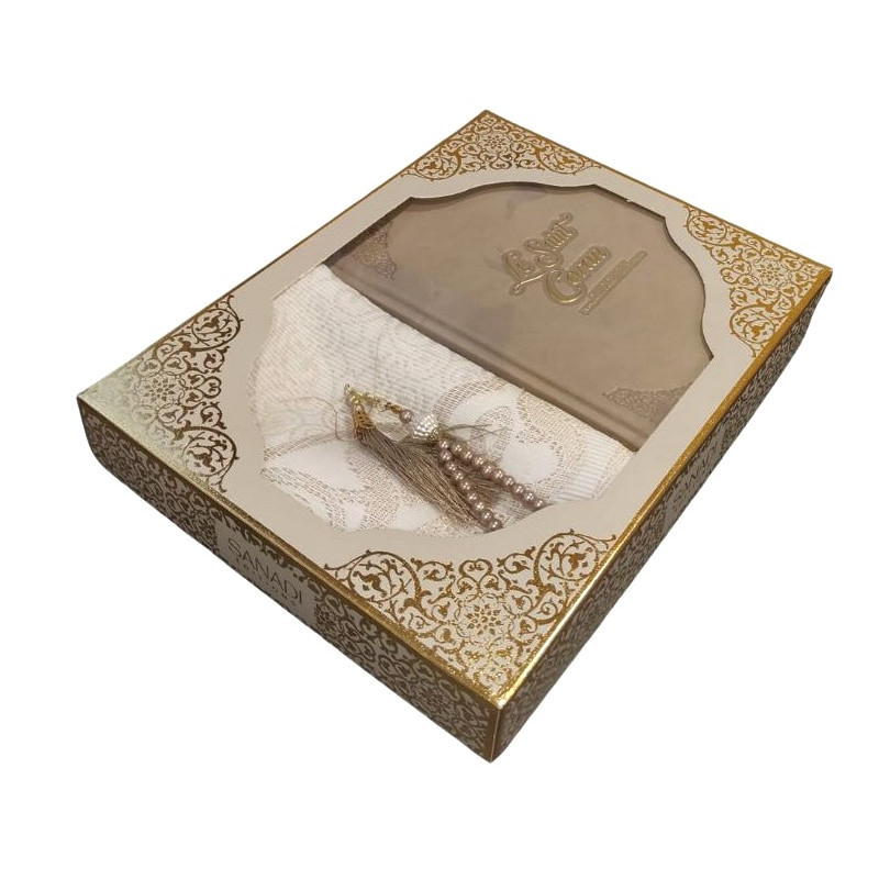 Coffret Coran Bilingue de Luxe Fr/Ar : Tapis et Chapelet - Éditions Sanadi - Taupe en 2 Tailles