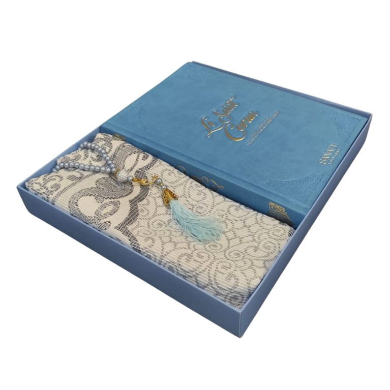 Coffret Coran Bilingue de Luxe Fr/Ar : Tapis et Chapelet - Éditions Sanadi - Bleu Pastel en 2 Tailles