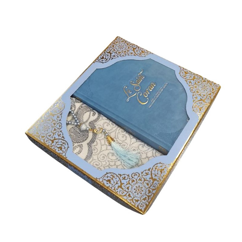 Coffret Coran Bilingue de Luxe Fr/Ar : Tapis et Chapelet - Éditions Sanadi - Bleu Pastel en 2 Tailles