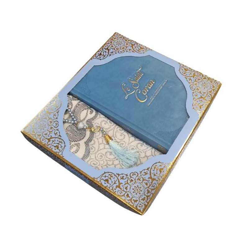 Coffret Coran Bilingue de Luxe Fr/Ar : Tapis et Chapelet - Éditions Sanadi - Bleu Pastel en 2 Tailles