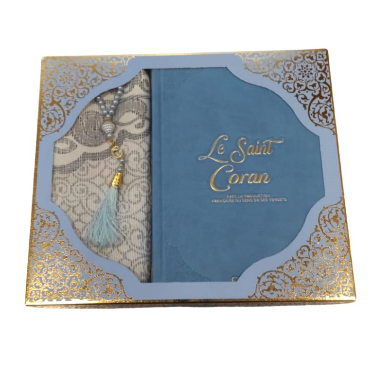 Coffret Coran Bilingue de Luxe Fr/Ar : Tapis et Chapelet - Éditions Sanadi - Bleu Pastel en 2 Tailles