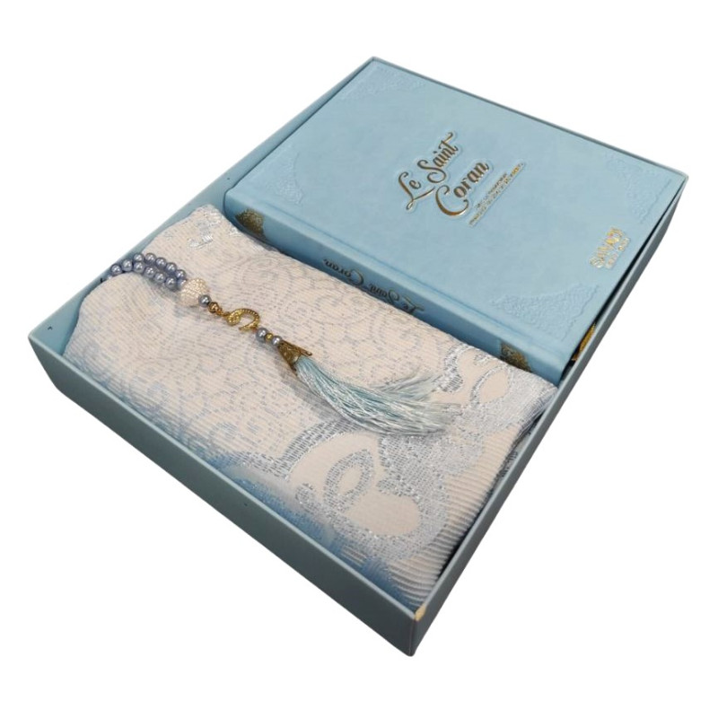 Coffret Coran Bilingue de Luxe Fr/Ar : Tapis et Chapelet - Éditions Sanadi - Bleu Ciel en 2 Tailles