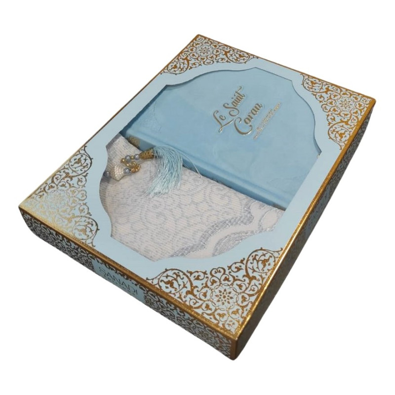 Coffret Coran Bilingue de Luxe Fr/Ar : Tapis et Chapelet - Éditions Sanadi - Bleu Ciel en 2 Tailles