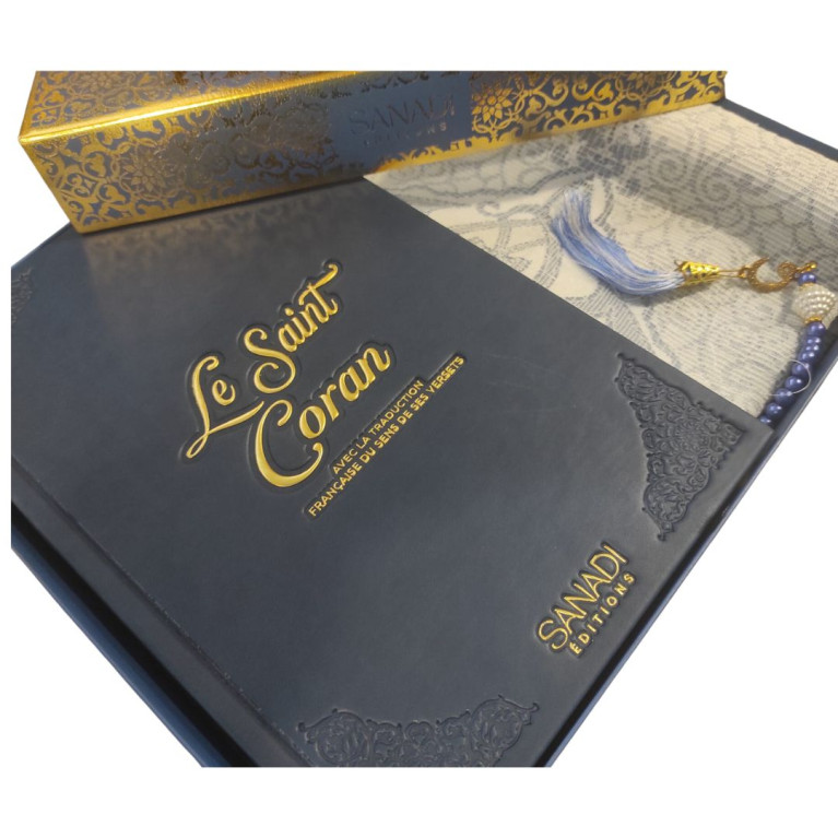 Coffret Coran Bilingue de Luxe Fr/Ar : Tapis et Chapelet - Éditions Sanadi - Bleu Nuit en 2 Tailles