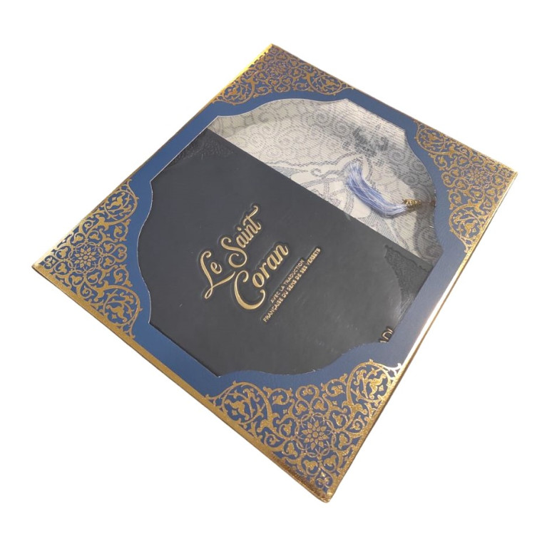 Coffret Coran Bilingue de Luxe Fr/Ar : Tapis et Chapelet - Éditions Sanadi - Bleu Nuit en 2 Tailles