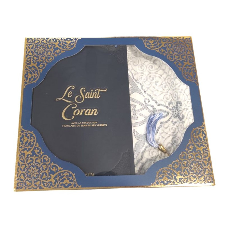 Coffret Coran Bilingue de Luxe Fr/Ar : Tapis et Chapelet - Éditions Sanadi - Bleu Nuit en 2 Tailles