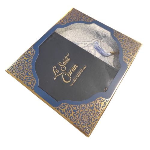 Coffret Coran Bilingue de Luxe Fr/Ar : Tapis et Chapelet - Éditions Sanadi - Bleu Nuit en 2 Tailles