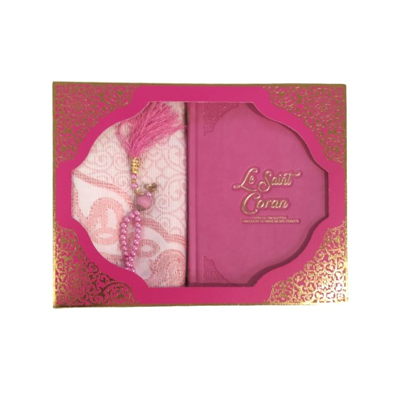 Coffret Coran Bilingue de Luxe Fr/Ar : Tapis et Chapelet - Éditions Sanadi - Rose Vif en 2 Tailles