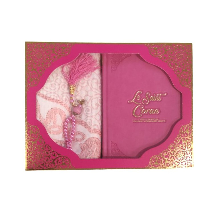 Coffret Coran Bilingue de Luxe Fr/Ar : Tapis et Chapelet - Éditions Sanadi - Rose Vif en 2 Tailles