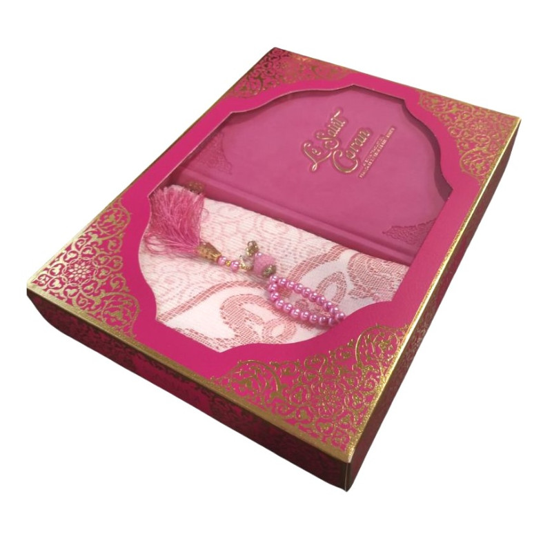 Coffret Coran Bilingue de Luxe Fr/Ar : Tapis et Chapelet - Éditions Sanadi - Rose Vif en 2 Tailles