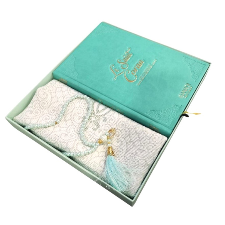 Coffret Coran Bilingue de Luxe Fr/Ar : Tapis et Chapelet - Éditions Sanadi - Turquoise en 2 Tailles