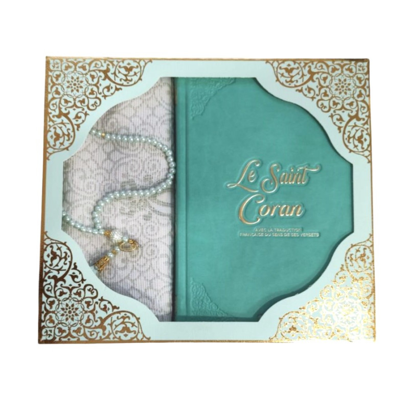 Coffret Coran Bilingue de Luxe Fr/Ar : Tapis et Chapelet - Éditions Sanadi - Turquoise en 2 Tailles