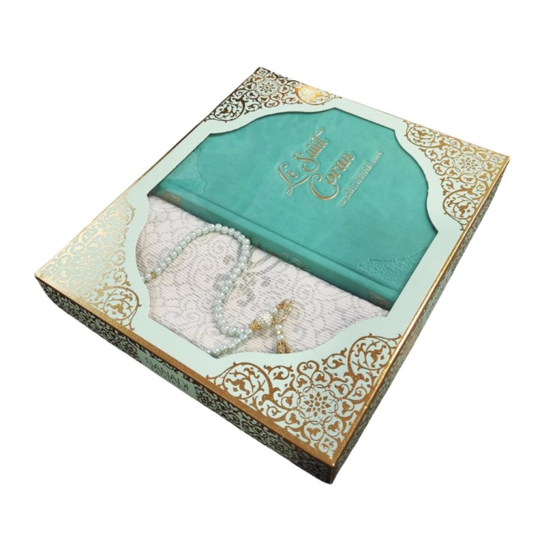 Coffret Coran Bilingue de Luxe Fr/Ar : Tapis et Chapelet - Éditions Sanadi - Turquoise en 2 Tailles