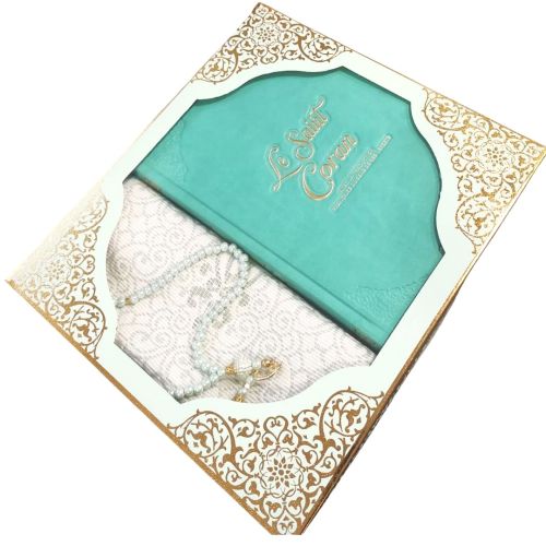 Coffret Coran Bilingue de Luxe Fr/Ar : Tapis et Chapelet - Éditions Sanadi - Turquoise en 2 Tailles