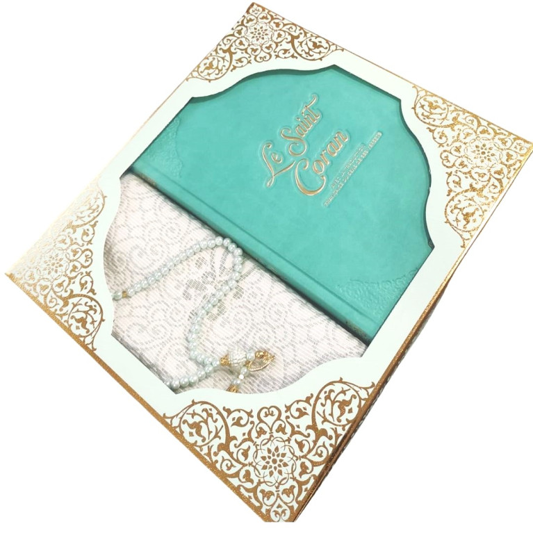 Coffret Coran Bilingue de Luxe Fr/Ar : Tapis et Chapelet - Éditions Sanadi - Turquoise en 2 Tailles