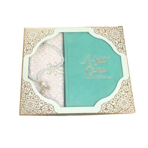 Coffret Coran Bilingue de Luxe Fr/Ar : Tapis et Chapelet - Éditions Sanadi - Turquoise en 2 Tailles