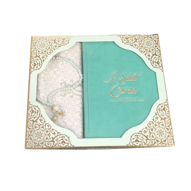 Coffret Coran Bilingue de Luxe Fr/Ar : Tapis et Chapelet - Éditions Sanadi - Turquoise en 2 Tailles