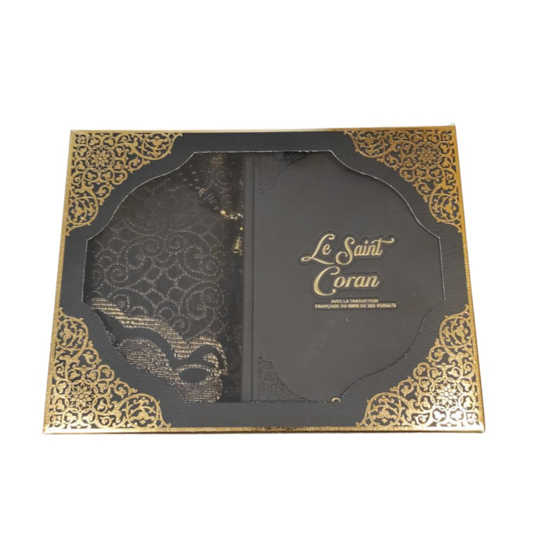 Coffret Coran Bilingue de Luxe Fr/Ar : Tapis et Chapelet - Éditions Sanadi - Noir en 2 Tailles