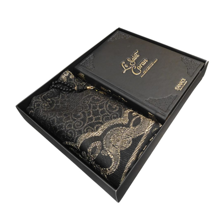 Coffret Coran Bilingue de Luxe Fr/Ar : Tapis et Chapelet - Éditions Sanadi - Noir en 2 Tailles