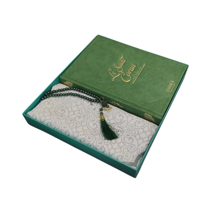 Coffret Coran Bilingue de Luxe Fr/Ar : Tapis et Chapelet - Éditions Sanadi - Vert en 2 Tailles