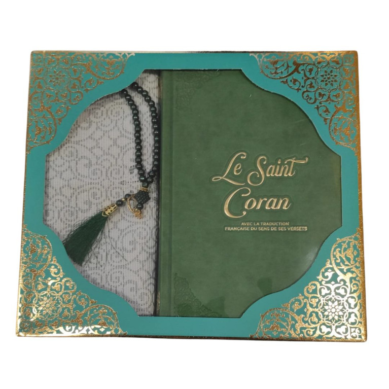 Coffret Coran Bilingue de Luxe Fr/Ar : Tapis et Chapelet - Éditions Sanadi - Vert en 2 Tailles