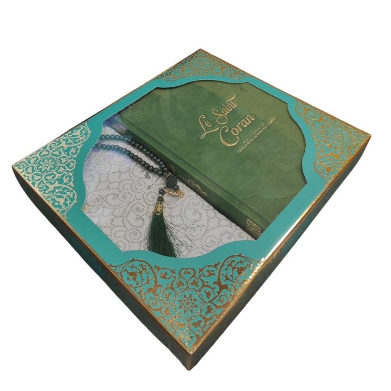 Coffret Coran Bilingue de Luxe Fr/Ar : Tapis et Chapelet - Éditions Sanadi - Vert en 2 Tailles