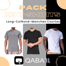 PACK x 3 T-SHIRTS MIX (1 BLANC, 1 GRIS et 1 NOIR) : Long Basic en Coton - Tshirt Col Rond et Manches Courtes - Qaba'il