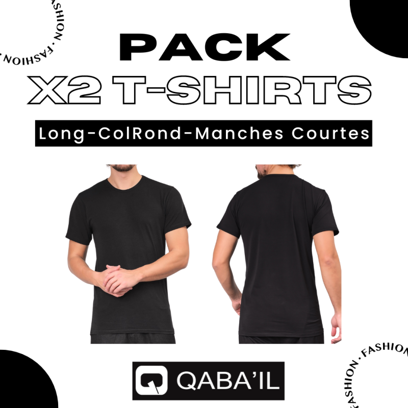 PACK x 2 T-SHIRTS NOIR : Long Basic en Coton - Tshirt Confort Simple, Style Assuré | Col Rond et Manches Courtes - Qaba'il