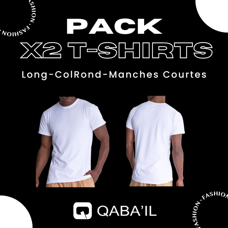 PACK x 2 T-SHIRTS BLANC : Long Basic en Coton - Tshirt Confort Simple, Style Assuré | Col Rond et Manches Courtes - Qaba'il