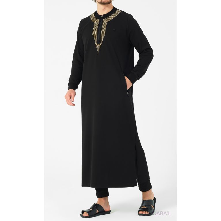 Qamis Long - Noir et Broderie Or - Qaba'il : Sham