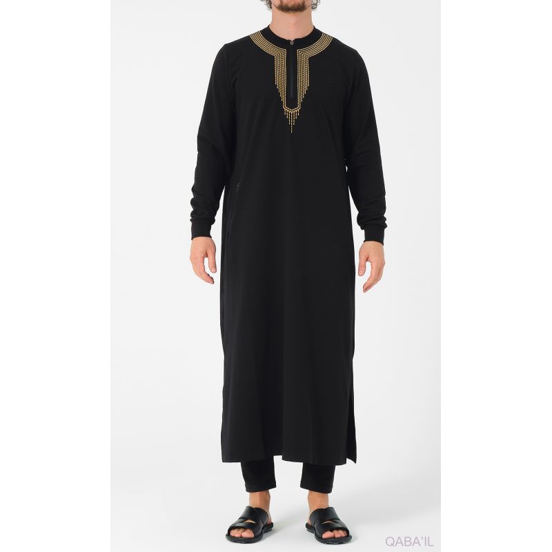 Qamis Long - Noir et Broderie Or - Qaba'il : Sham