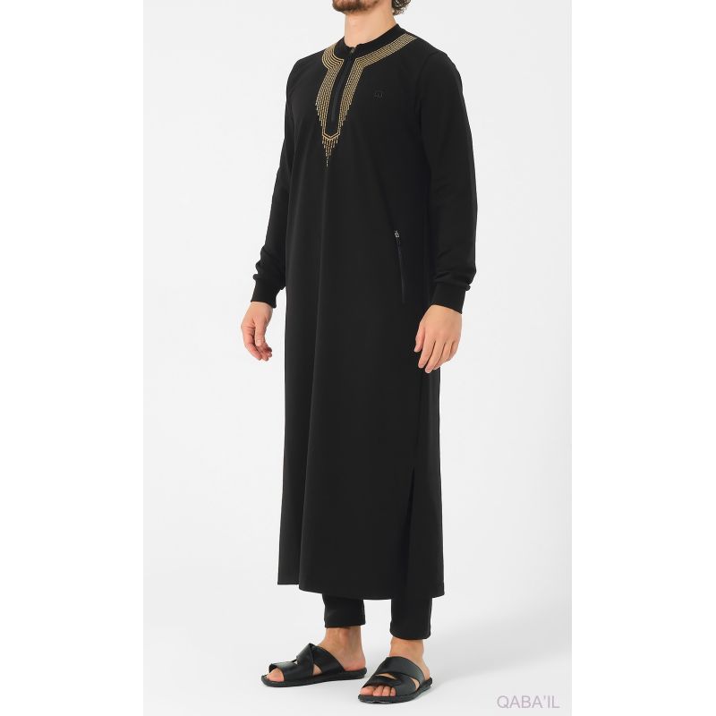 Qamis Long - Noir et Broderie Or - Qaba'il : Sham