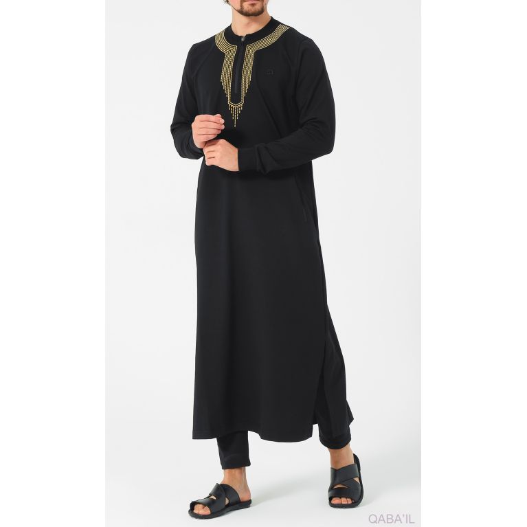 Qamis Long - Noir et Broderie Or - Qaba'il : Sham