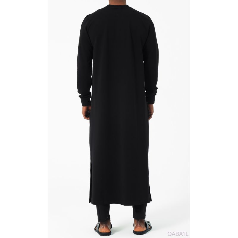 Qamis Noir Long et Broderie Ton sur Ton - Qaba'il : AMWAJ 