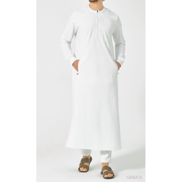 Qamis Blanc Long et Broderie Ton sur Ton - Qaba'il : AMWAJ