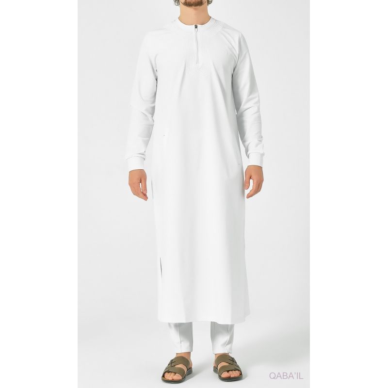 Qamis Blanc Long et Broderie Ton sur Ton - Qaba'il : AMWAJ 