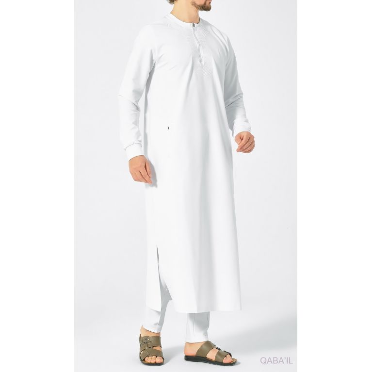 Qamis Blanc Long et Broderie Ton sur Ton - Qaba'il : AMWAJ