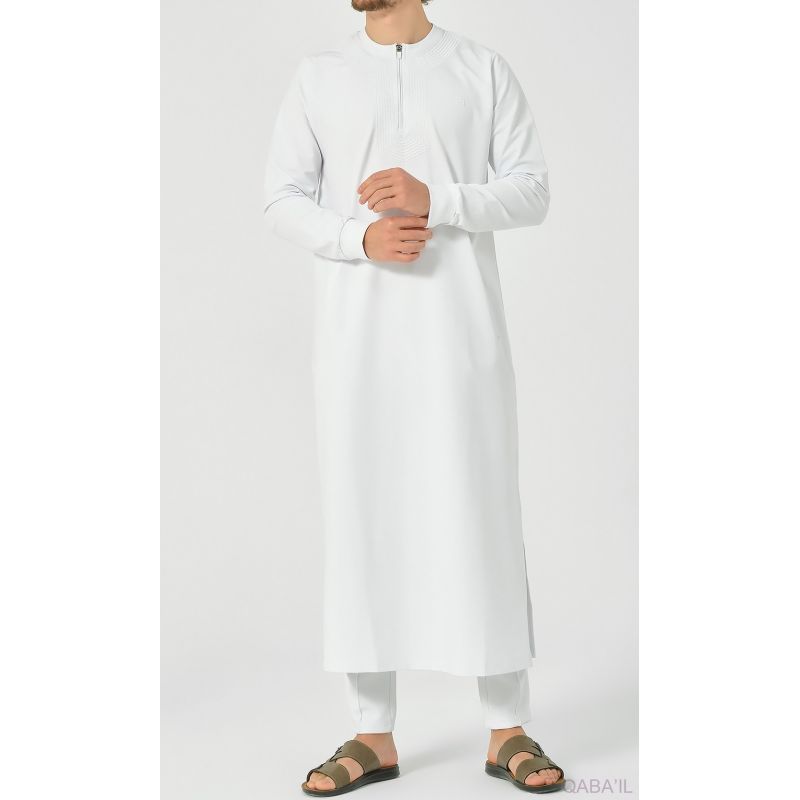 Qamis Blanc Long et Broderie Ton sur Ton - Qaba'il : AMWAJ