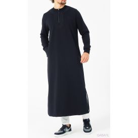 Qamis Bleu Nuit Long et Broderie Ton sur Ton - Qaba'il : AMWAJ